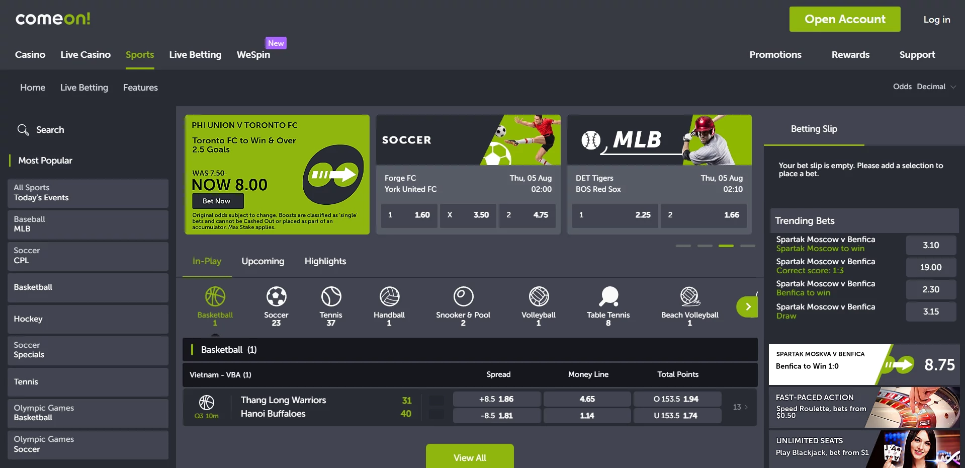 ComeOn homepage